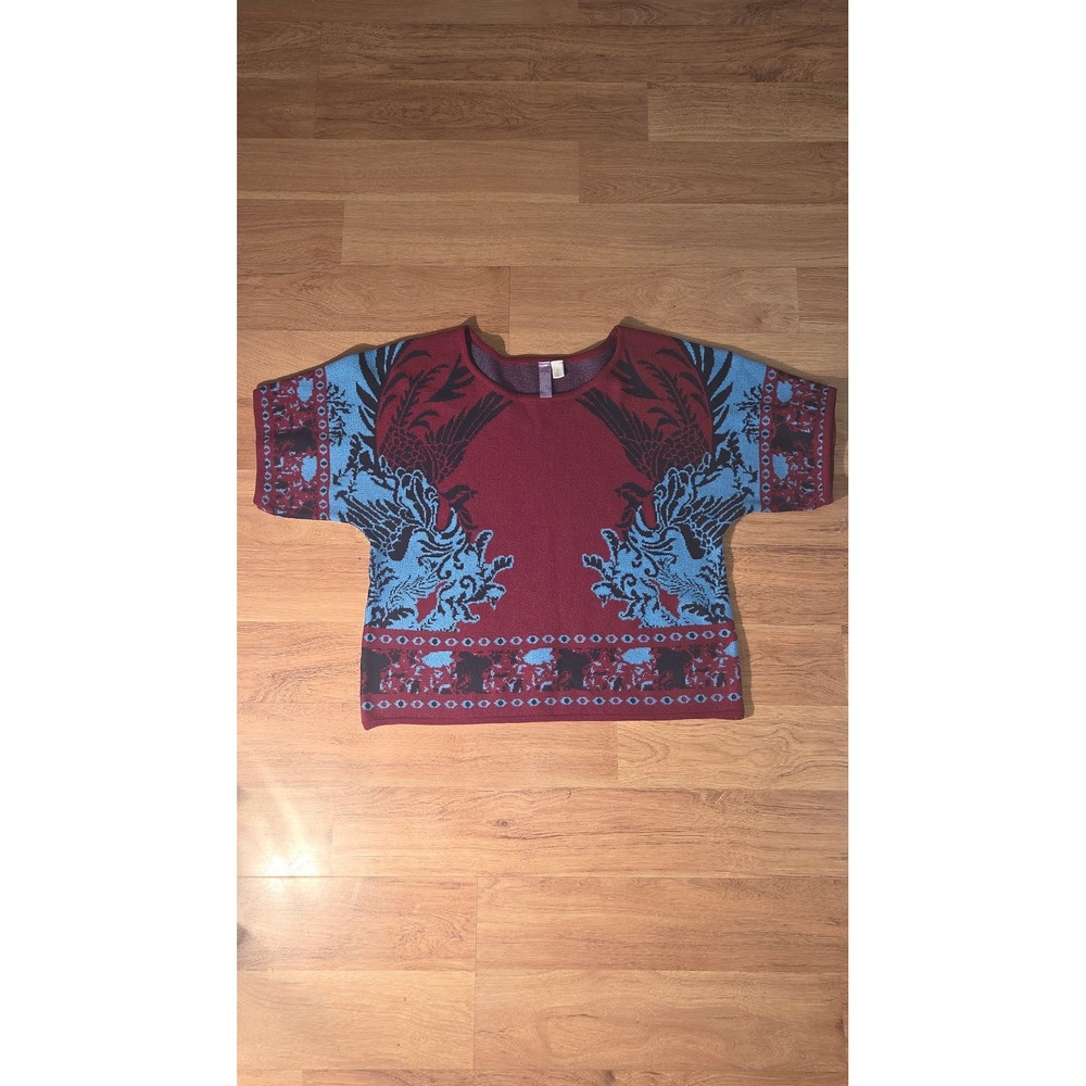 Alya Women Burgundy Blue Intarsia Knit Short Sleeve Sweater Top Small JSW1617
